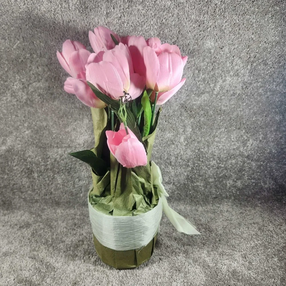 Spring Inspirations Potted Tulip Arrangement Pink Faux Floral Decor OS